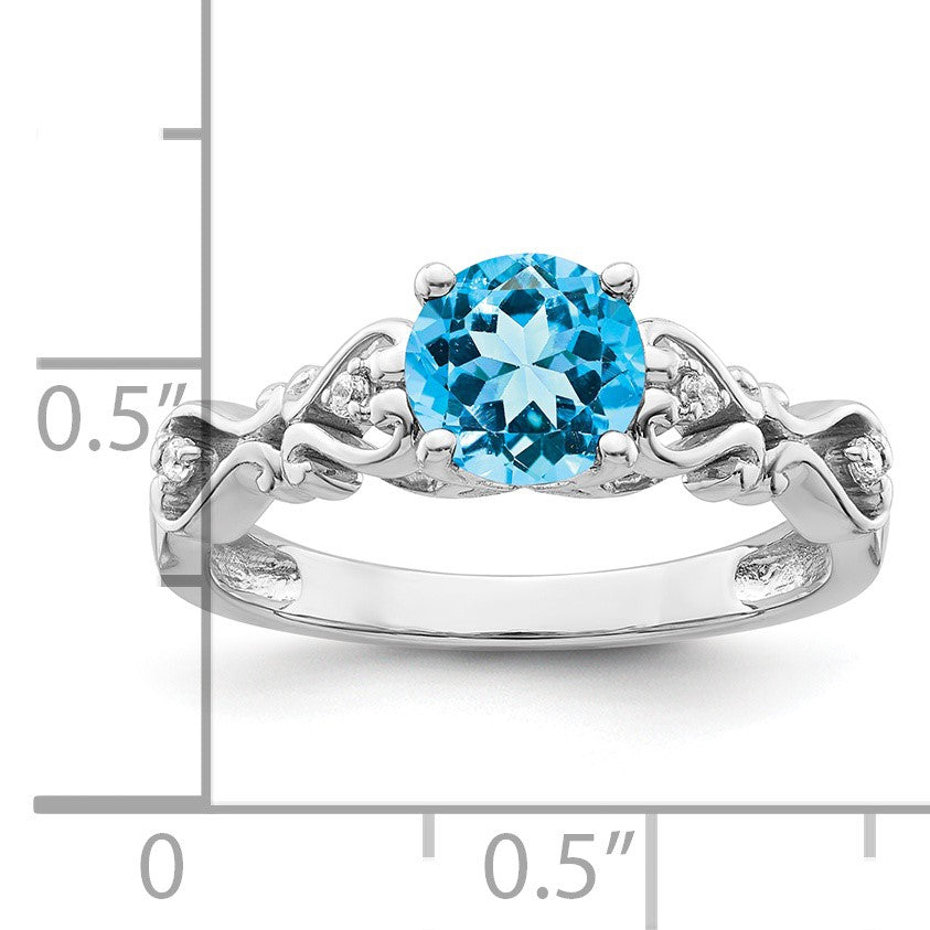 14k White Gold Polished 6.5mm Round Blue Topaz and 1/20 carat Diamond Ring