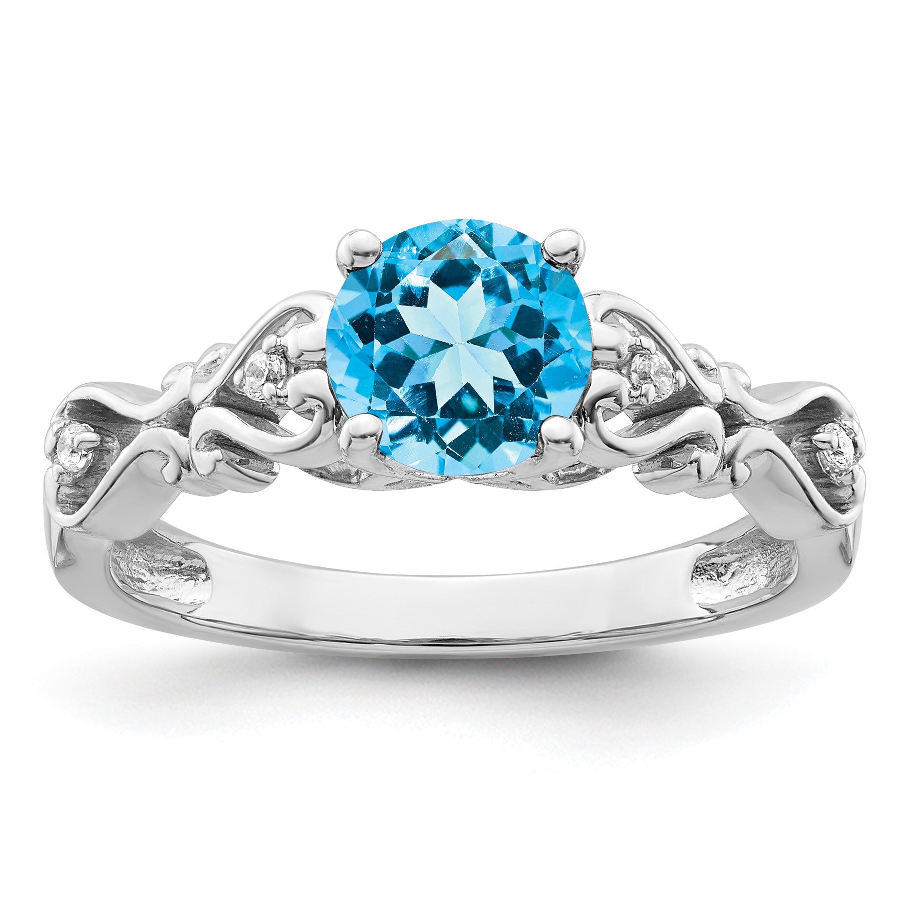 14k White Gold Polished 6.5mm Round Blue Topaz and 1/20 carat Diamond Ring