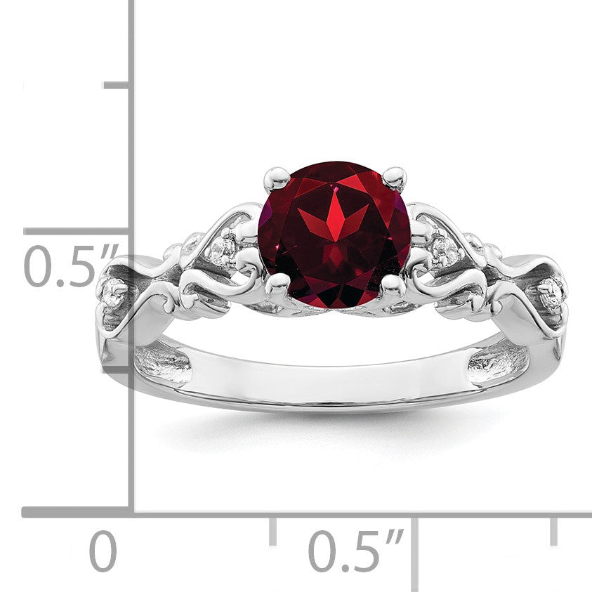 14k White Gold Polished 6.5mm Round Garnet and 1/20 carat Diamond Ring