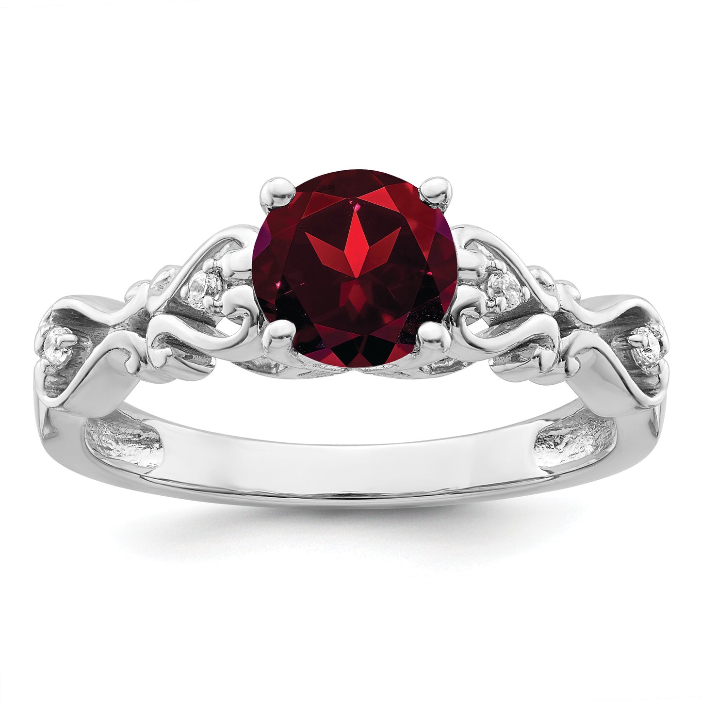 14k White Gold Polished 6.5mm Round Garnet and 1/20 carat Diamond Ring