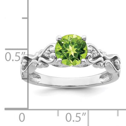 14k White Gold Polished 6.5mm Round Peridot and 1/20 carat Diamond Heart Shank Ring