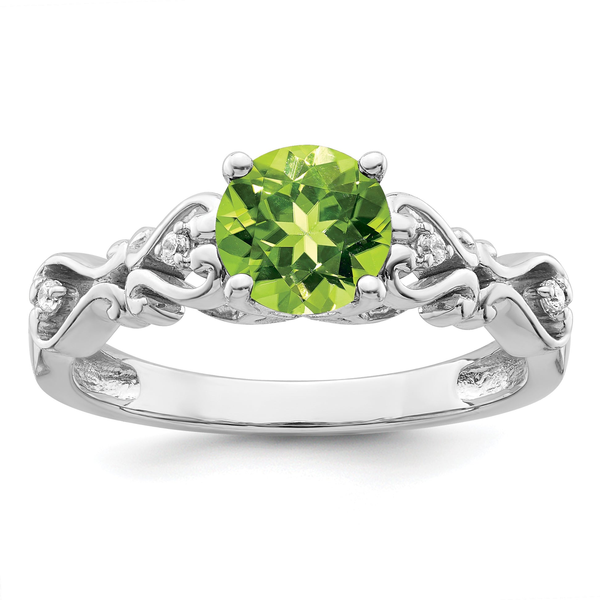 14k White Gold Polished 6.5mm Round Peridot and 1/20 carat Diamond Heart Shank Ring