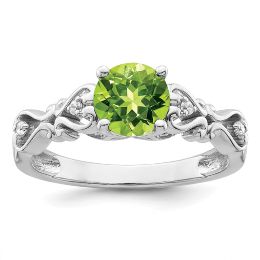 14k White Gold Polished 6.5mm Round Peridot and 1/20 carat Diamond Heart Shank Ring