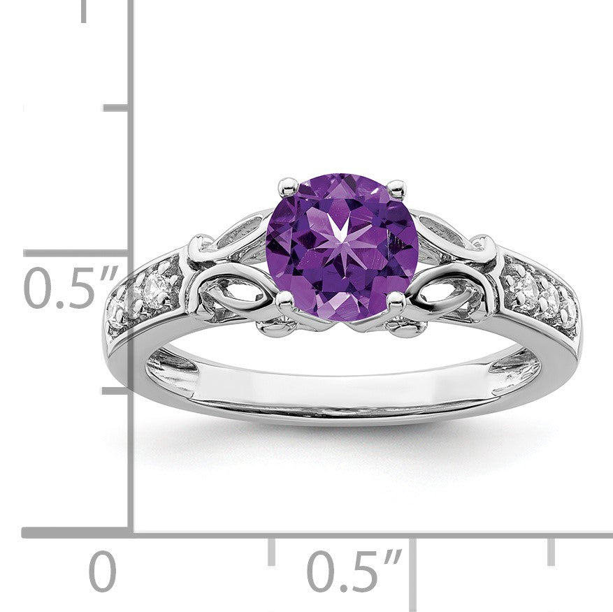 14k White Gold Polished 6.5mm Round Amethyst and 1/10 carat Diamond Ring