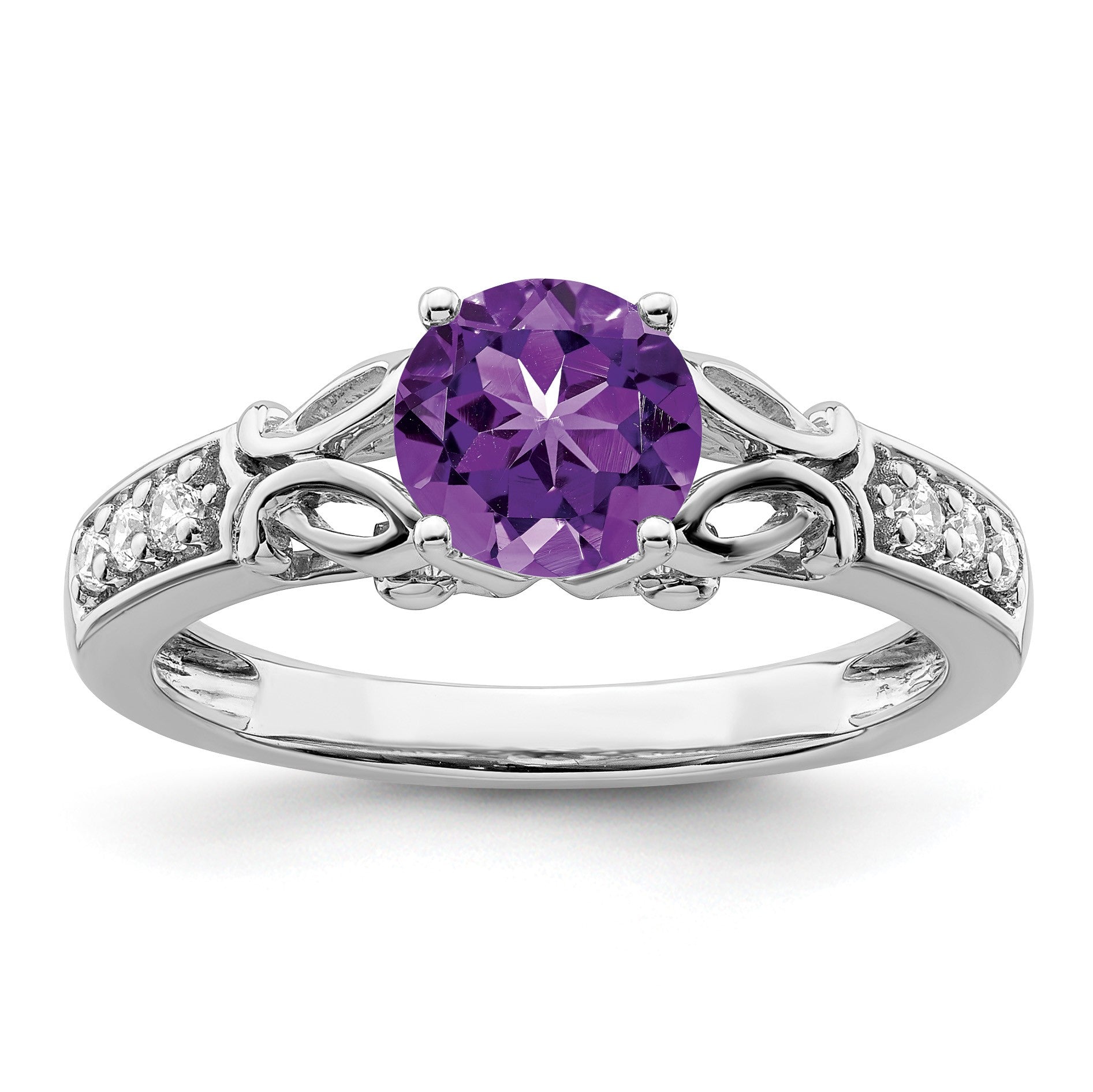 14k White Gold Polished 6.5mm Round Amethyst and 1/10 carat Diamond Ring