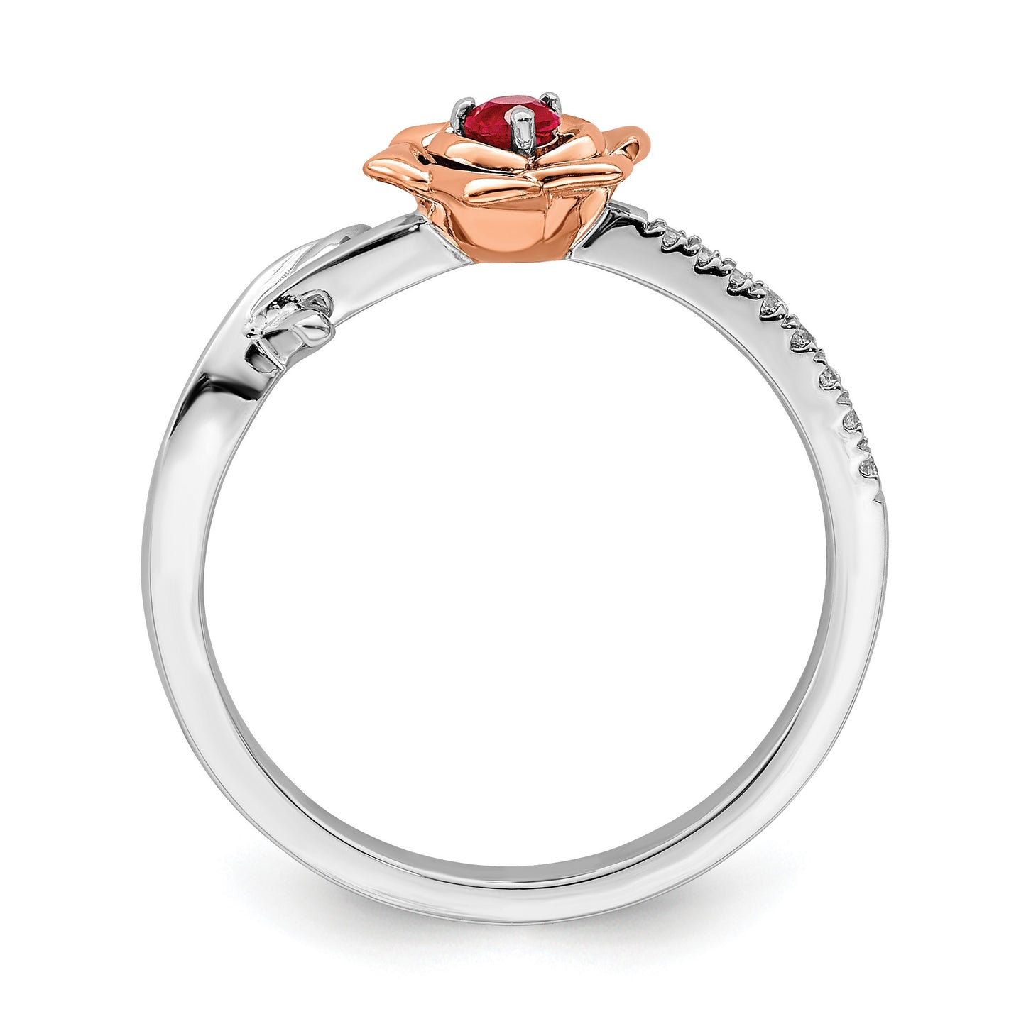 14K Two-tone White and Rose Gold Ruby and Diamond Flower Size 7 Ring