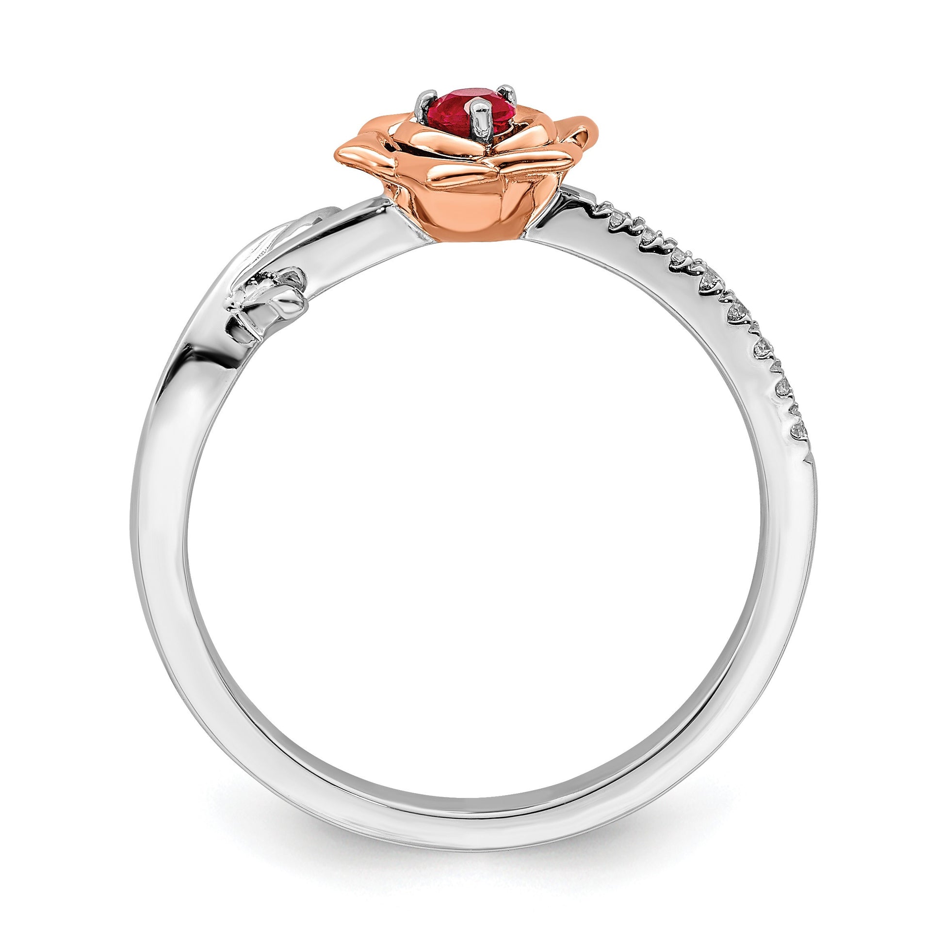 14K Two-tone White and Rose Gold Ruby and Diamond Flower Size 7 Ring