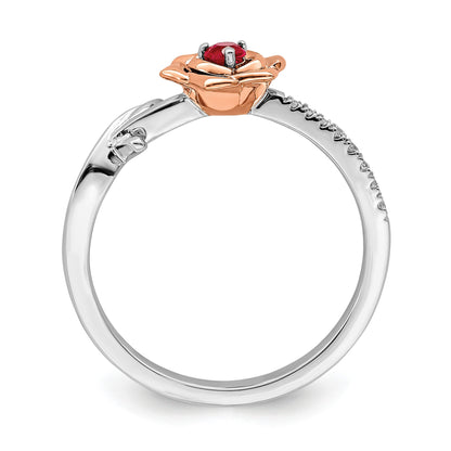 14K Two-tone White and Rose Gold Ruby and Diamond Flower Size 7 Ring