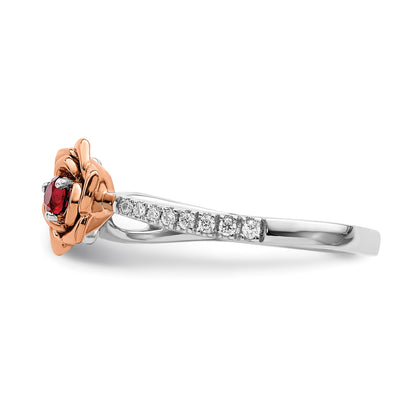 14K Two-tone White and Rose Gold Ruby and Diamond Flower Size 7 Ring