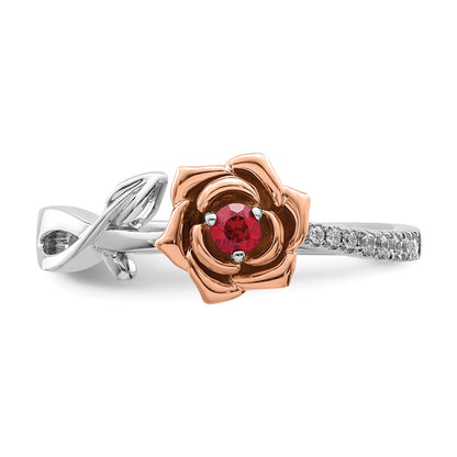 14K Two-tone White and Rose Gold Ruby and Diamond Flower Size 7 Ring