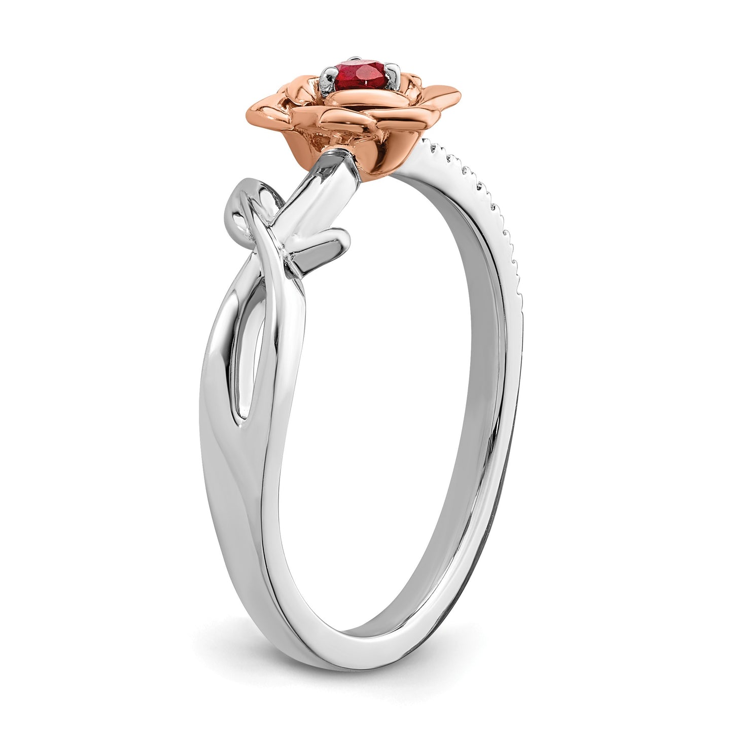 14K Two-tone White and Rose Gold Ruby and Diamond Flower Size 7 Ring