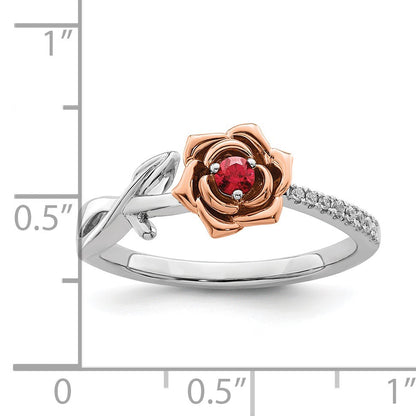 14K Two-tone White and Rose Gold Ruby and Diamond Flower Size 7 Ring