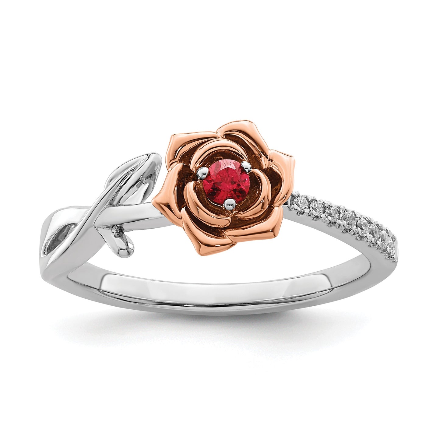 14K Two-tone White and Rose Gold Ruby and Diamond Flower Size 7 Ring
