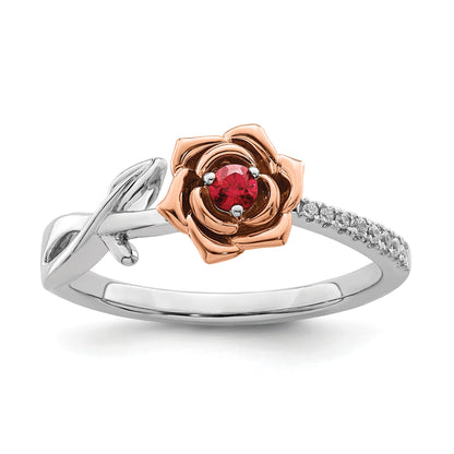 14K Two-tone White and Rose Gold Ruby and Diamond Flower Size 7 Ring