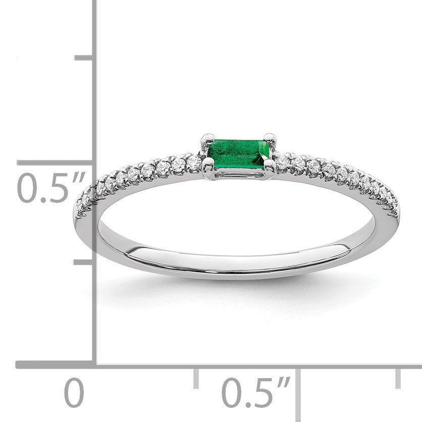 14k White Gold Polished 1/15 carat Diamond and Emerald Baguette Ring