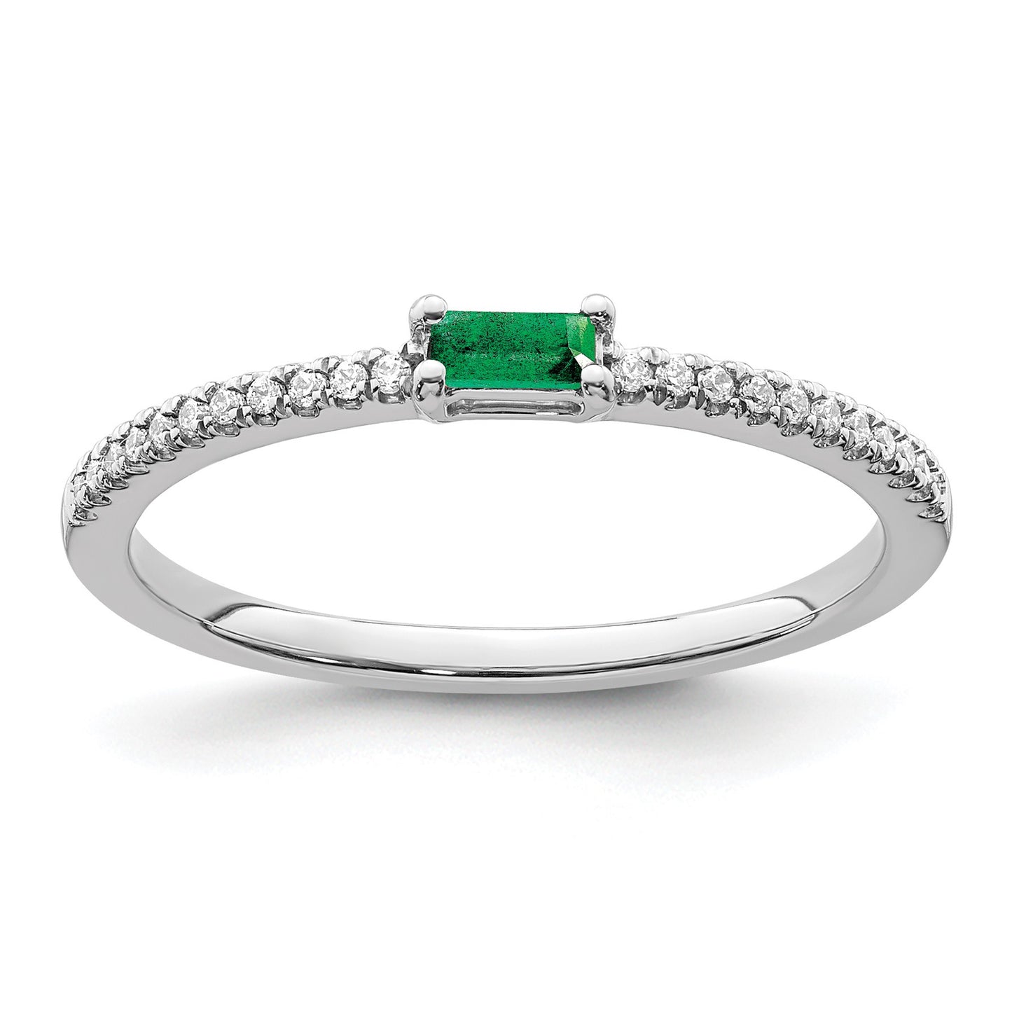 14k White Gold Polished 1/15 carat Diamond and Emerald Baguette Ring
