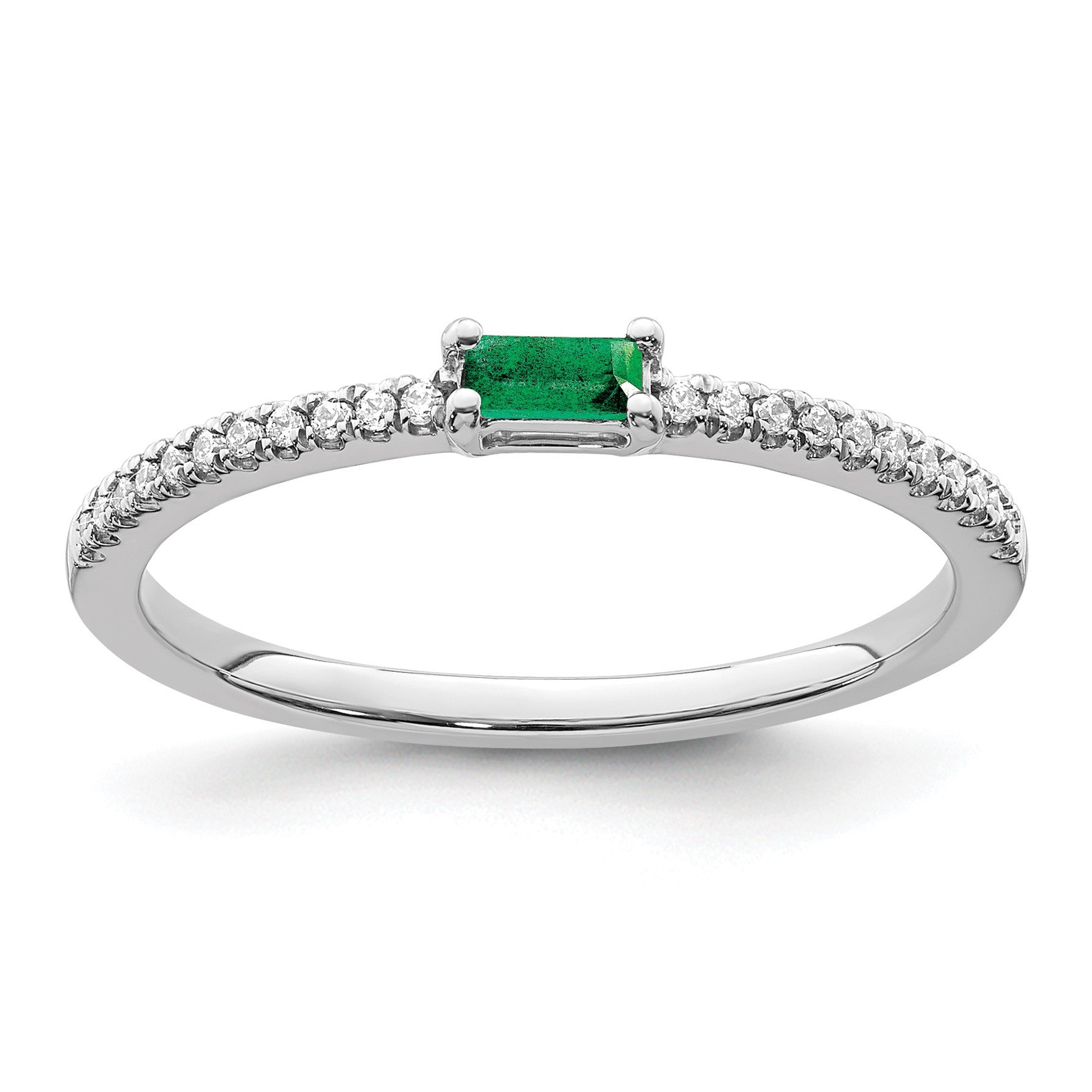 14k White Gold Polished 1/15 carat Diamond and Emerald Baguette Ring