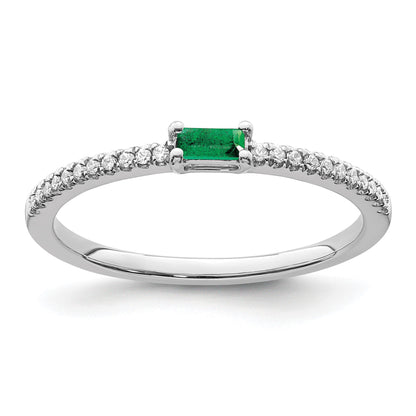 14k White Gold Polished 1/15 carat Diamond and Emerald Baguette Ring