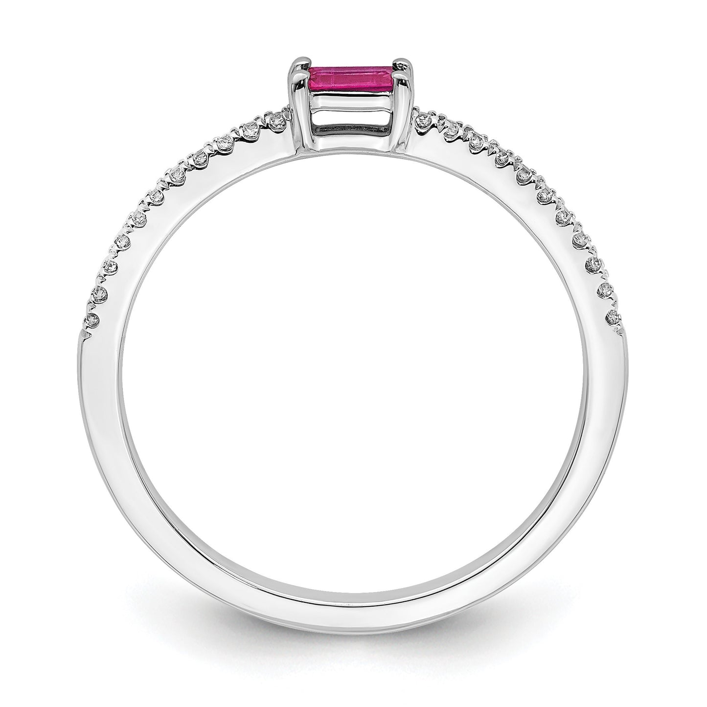 14k White Gold Polished 1/15 carat Diamond and Ruby Baguette Ring