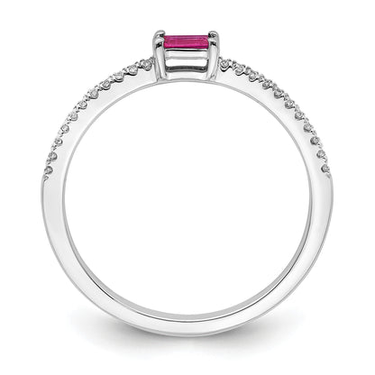 14k White Gold Polished 1/15 carat Diamond and Ruby Baguette Ring
