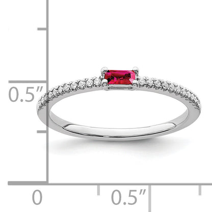 14k White Gold Polished 1/15 carat Diamond and Ruby Baguette Ring