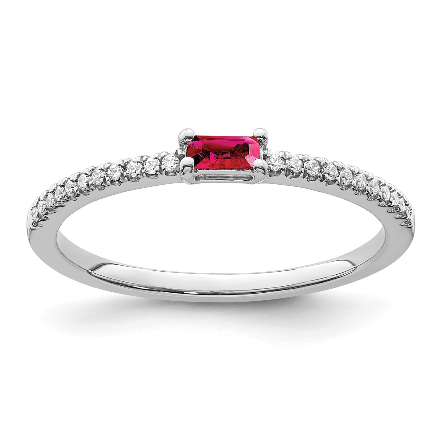 14k White Gold Polished 1/15 carat Diamond and Ruby Baguette Ring