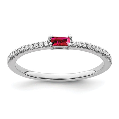 14k White Gold Polished 1/15 carat Diamond and Ruby Baguette Ring