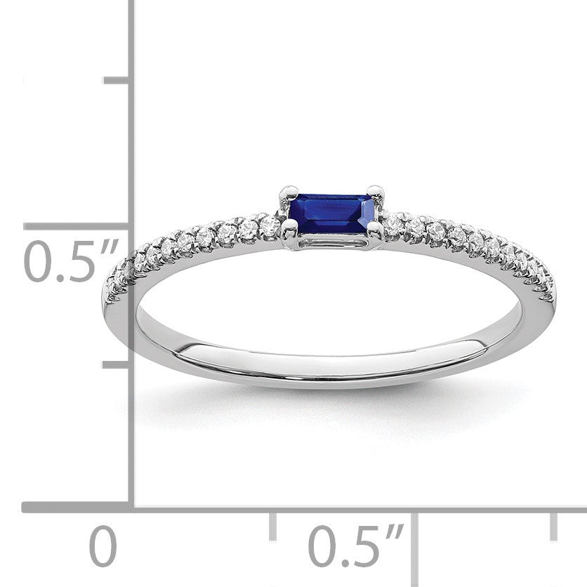 14k White Gold Polished 1/15 carat Diamond and Blue Sapphire Baguette Ring