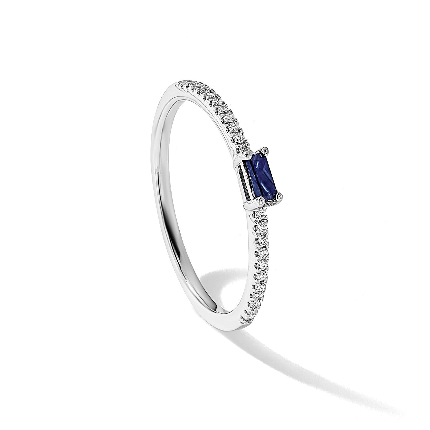 14k White Gold Polished 1/15 carat Diamond and Blue Sapphire Baguette Ring