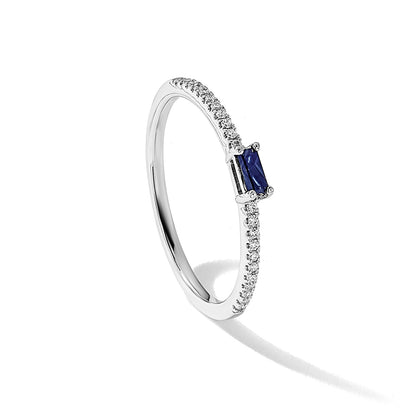 14k White Gold Polished 1/15 carat Diamond and Blue Sapphire Baguette Ring