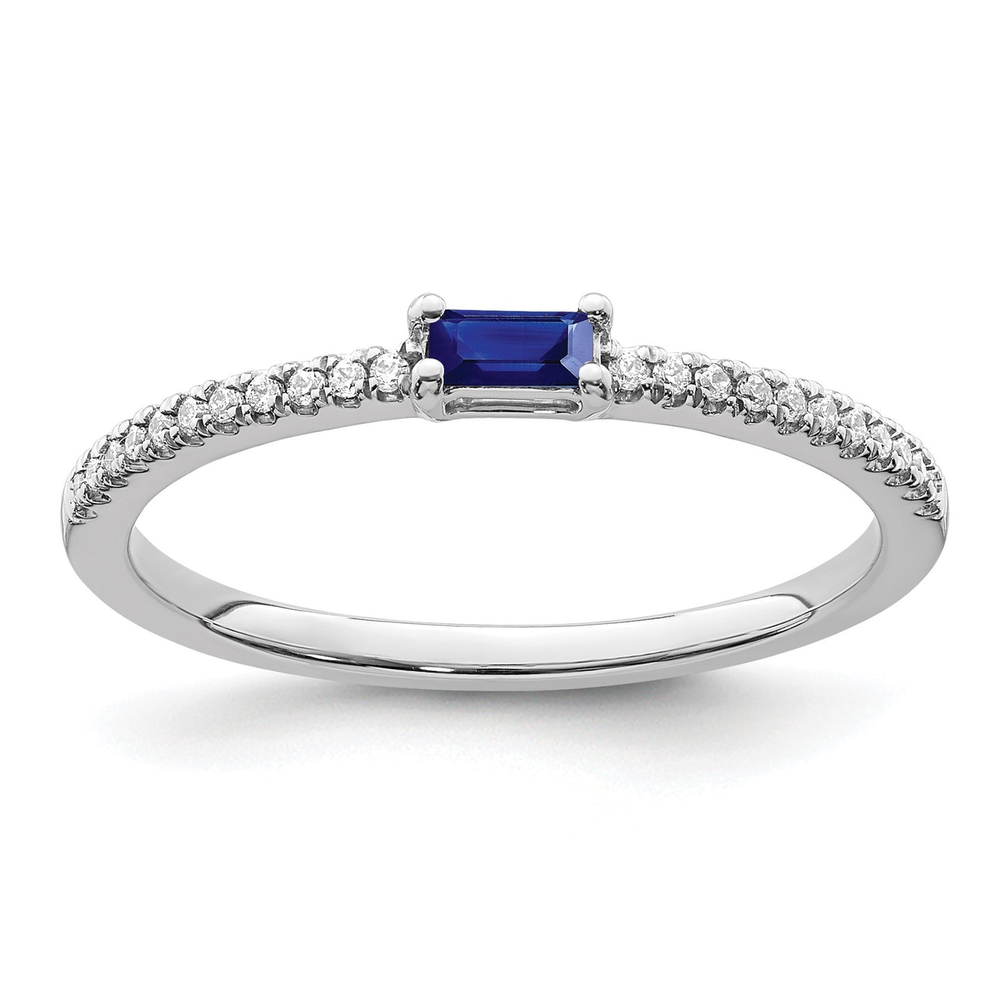 14k White Gold Polished 1/15 carat Diamond and Blue Sapphire Baguette Ring