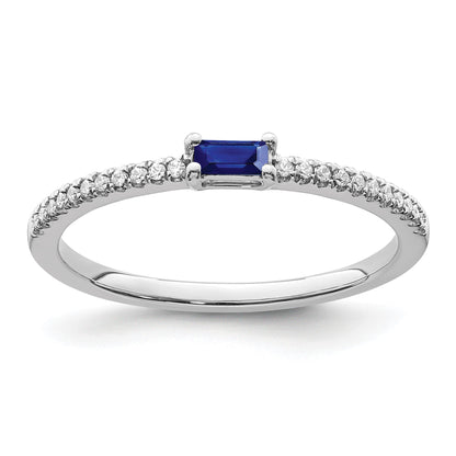 14k White Gold Polished 1/15 carat Diamond and Blue Sapphire Baguette Ring