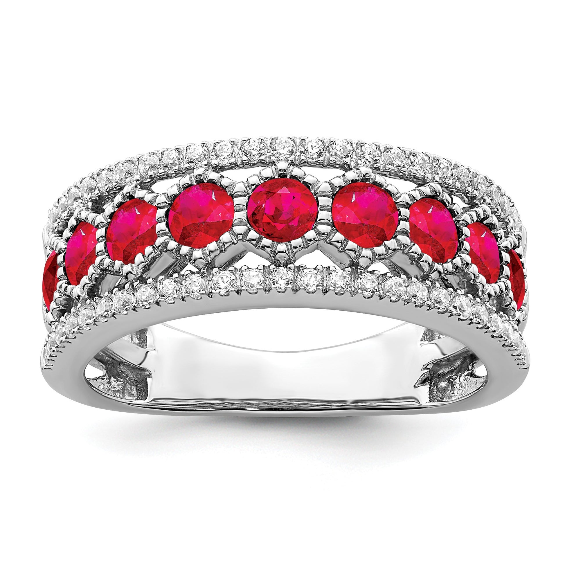 14k White Gold Graduated Ruby and 1/3 carat Diamond Ring