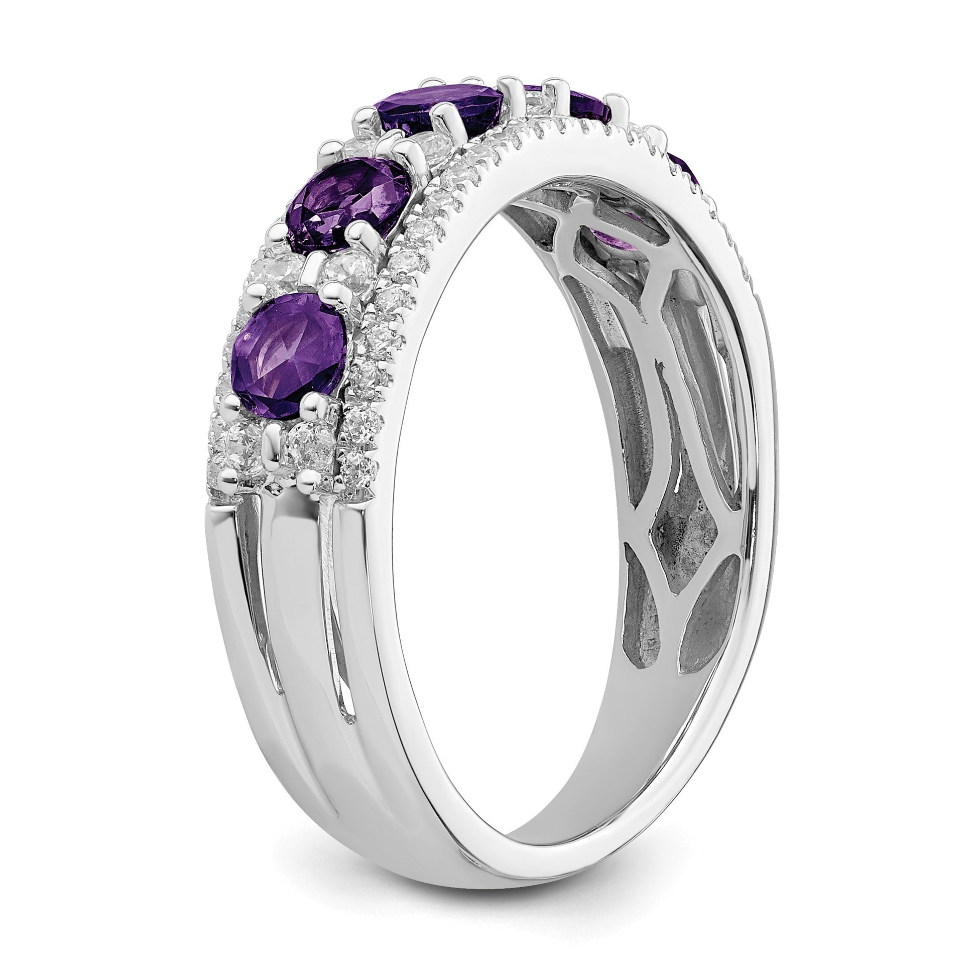 14k White Gold Polished Round Amethyst and 3/8 carat Diamond 5-Stone Ring