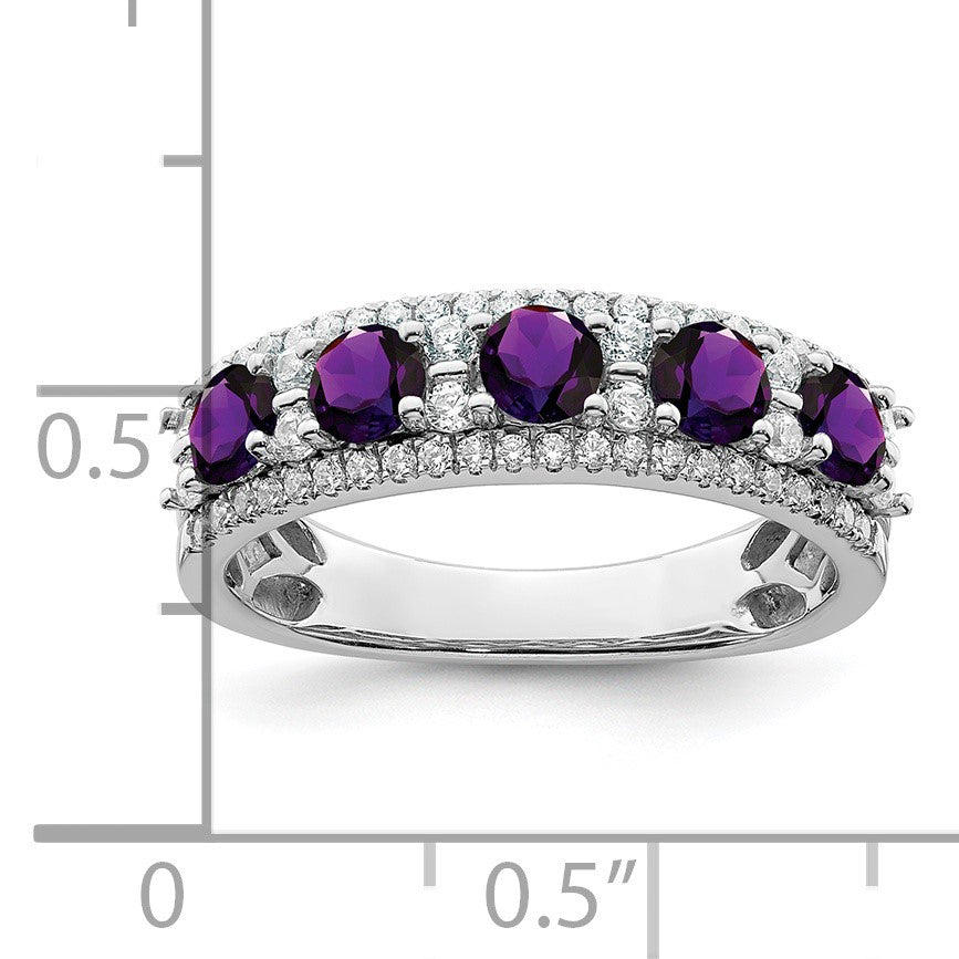 14k White Gold Polished Round Amethyst and 3/8 carat Diamond 5-Stone Ring
