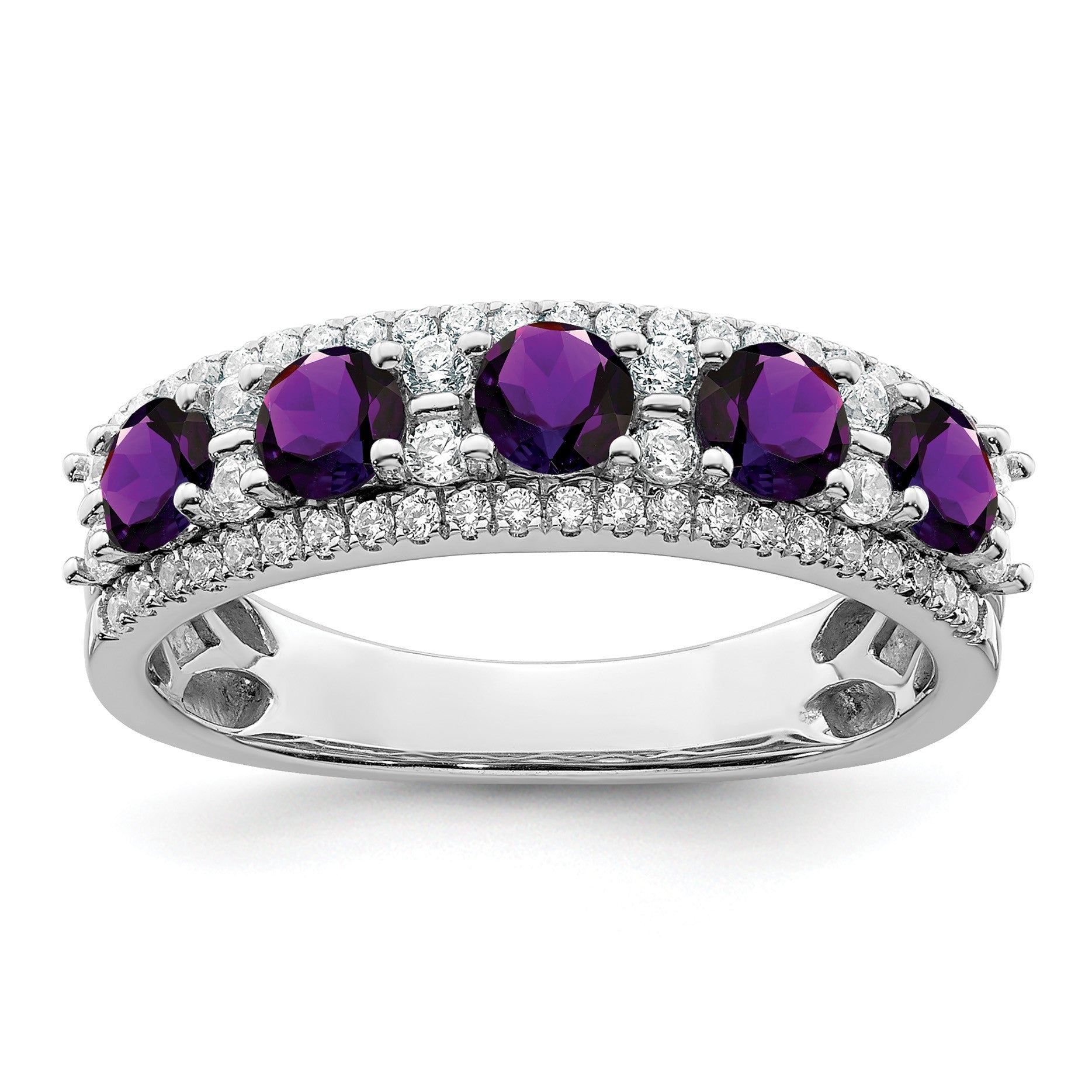 14k White Gold Polished Round Amethyst and 3/8 carat Diamond 5-Stone Ring