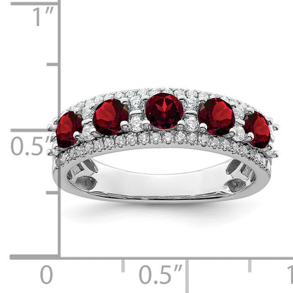 14k White Gold Polished Round Garnet and 3/8 carat Diamond 5-Stone Ring