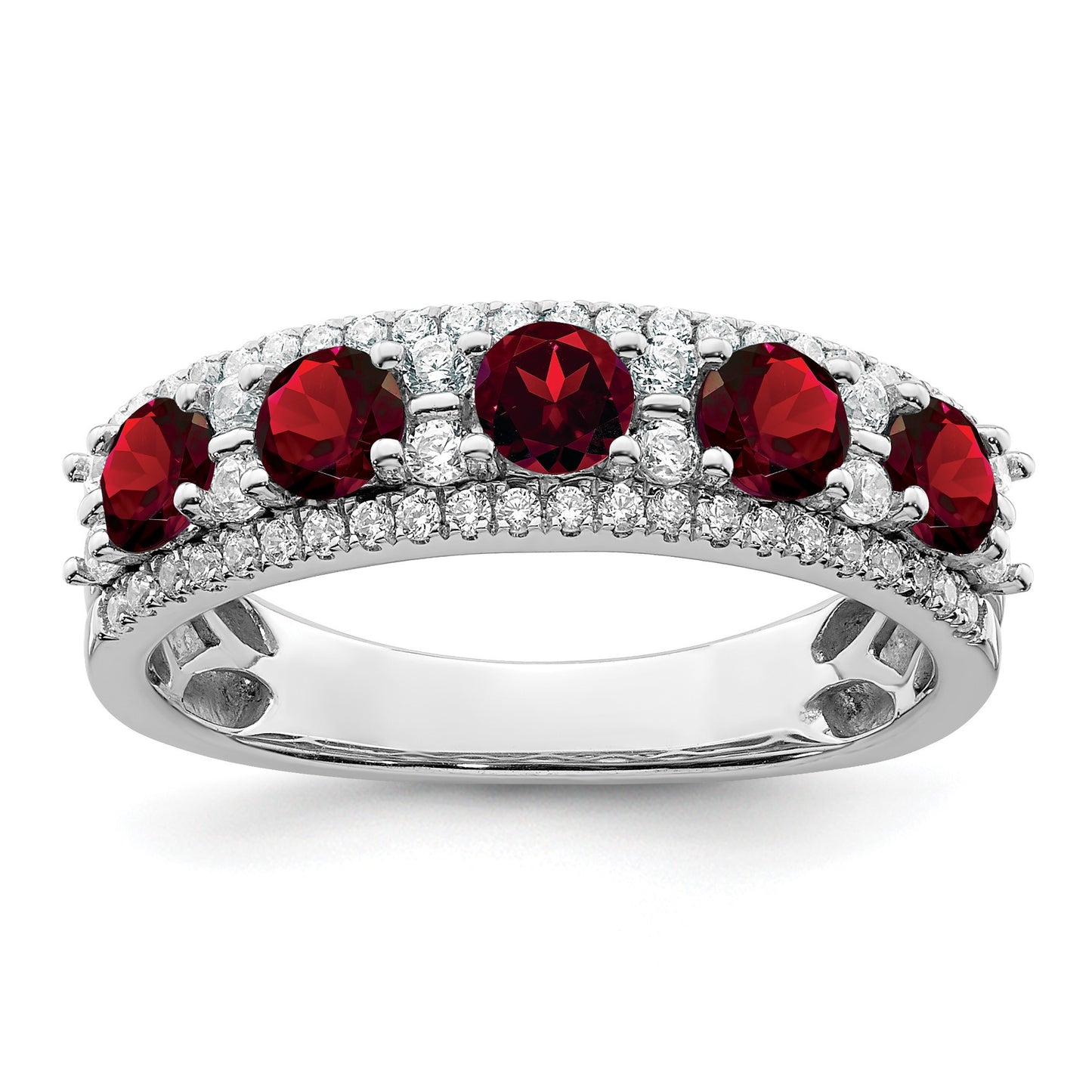 14k White Gold Polished Round Garnet and 3/8 carat Diamond 5-Stone Ring