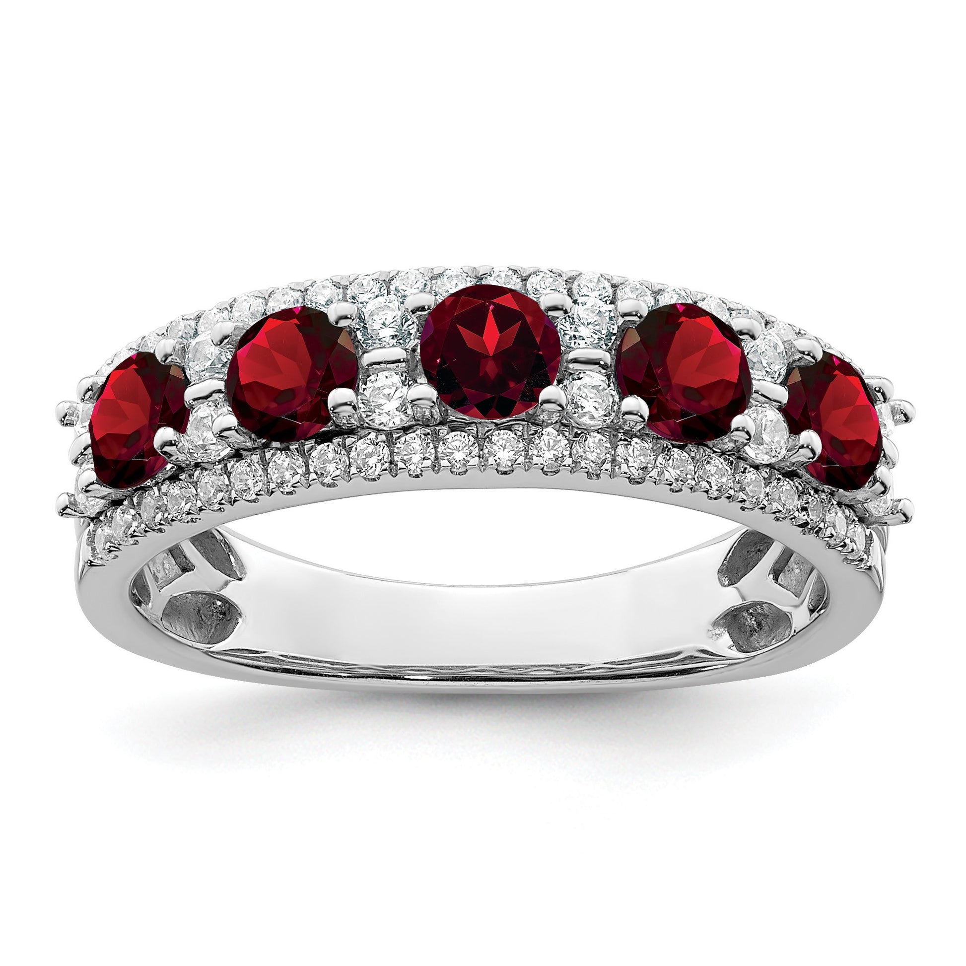 14k White Gold Polished Round Garnet and 3/8 carat Diamond 5-Stone Ring