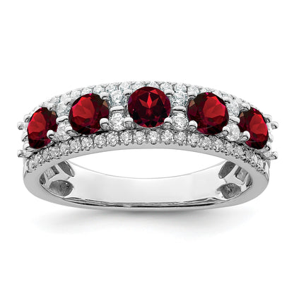 14k White Gold Polished Round Garnet and 3/8 carat Diamond 5-Stone Ring