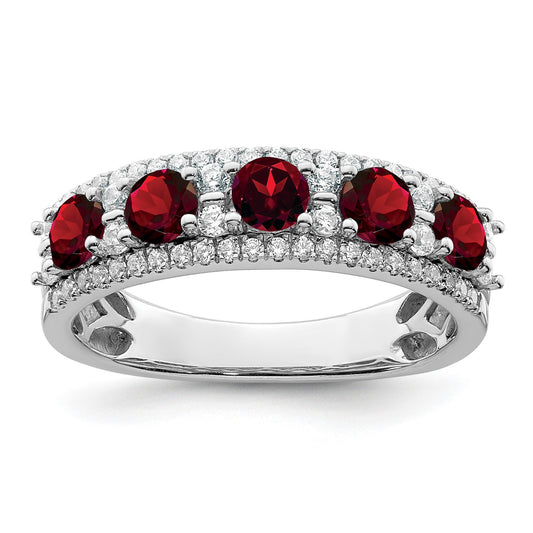 14k White Gold Polished Round Garnet and 3/8 carat Diamond 5-Stone Ring