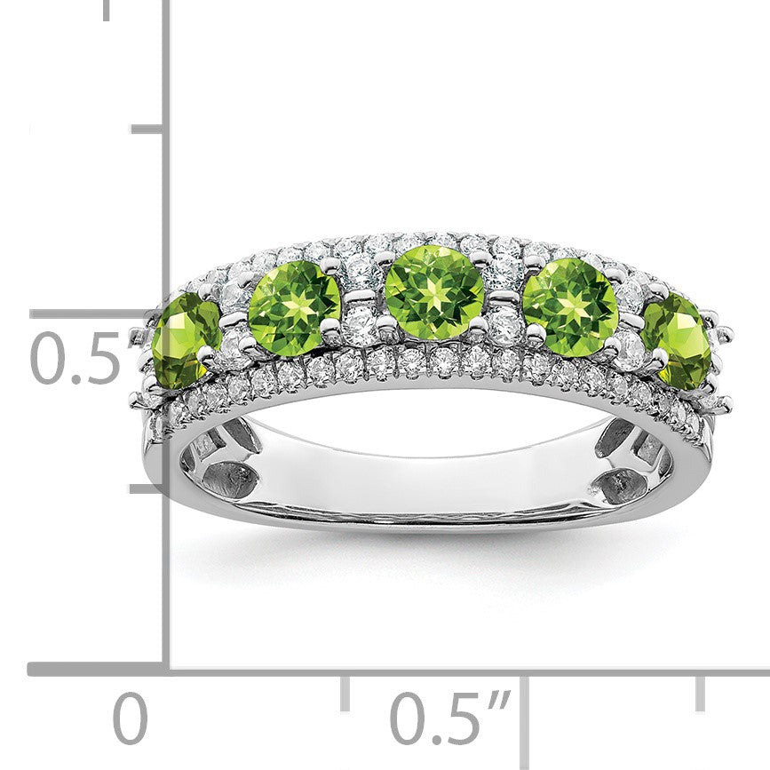 14k White Gold Polished Round Peridot and 3/8 carat Diamond 5-Stone Ring