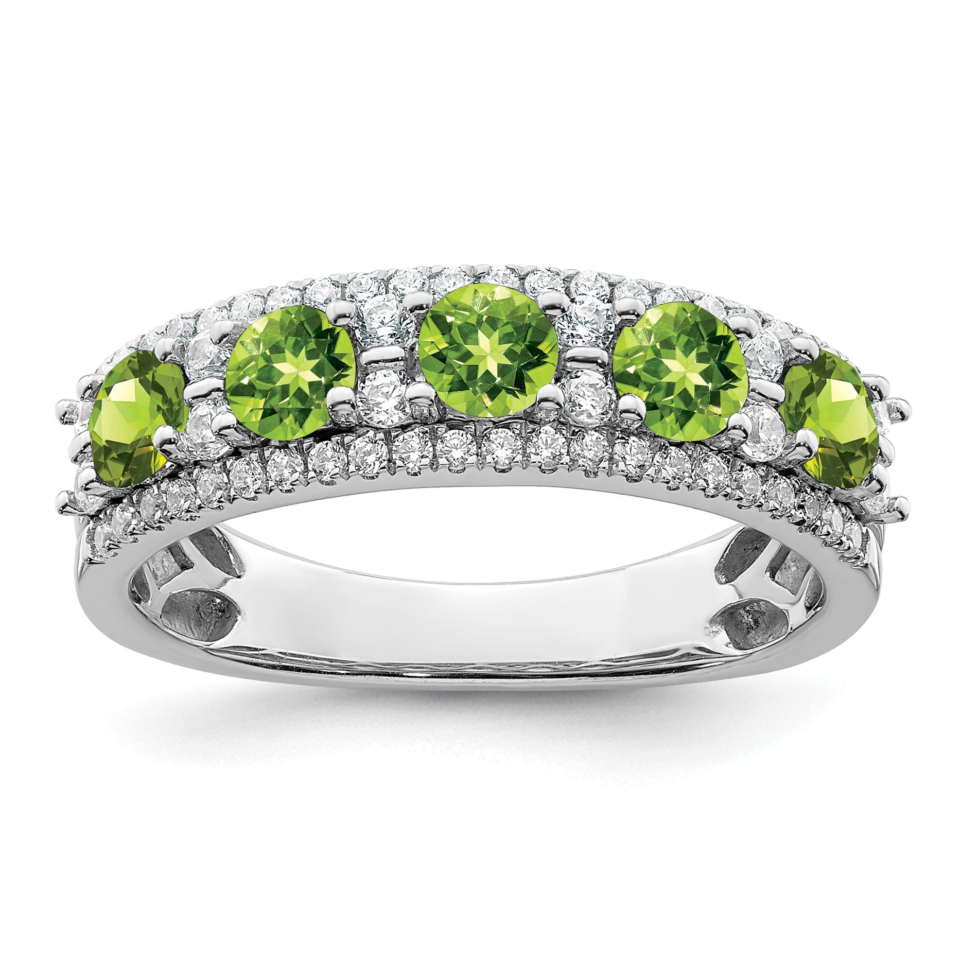 14k White Gold Polished Round Peridot and 3/8 carat Diamond 5-Stone Ring