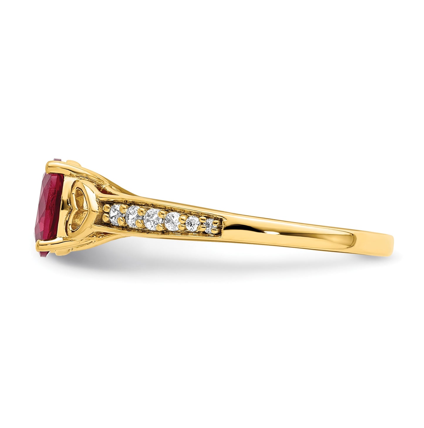 14k Polished Side Hearts 7x5mm Oval Ruby and 1/8 carat Diamond Ring