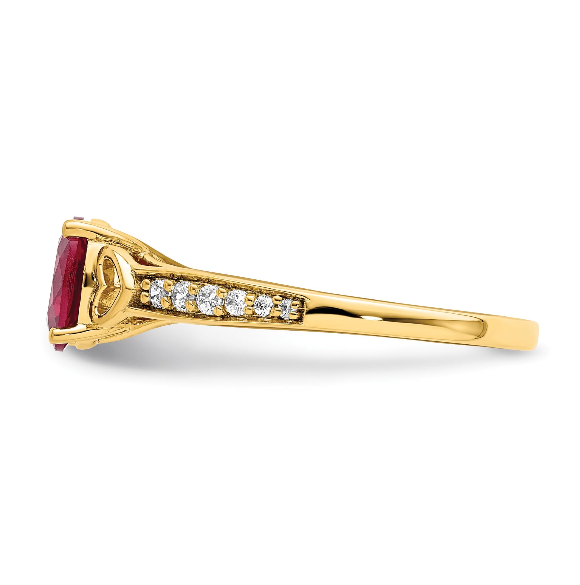 14k Polished Side Hearts 7x5mm Oval Ruby and 1/8 carat Diamond Ring