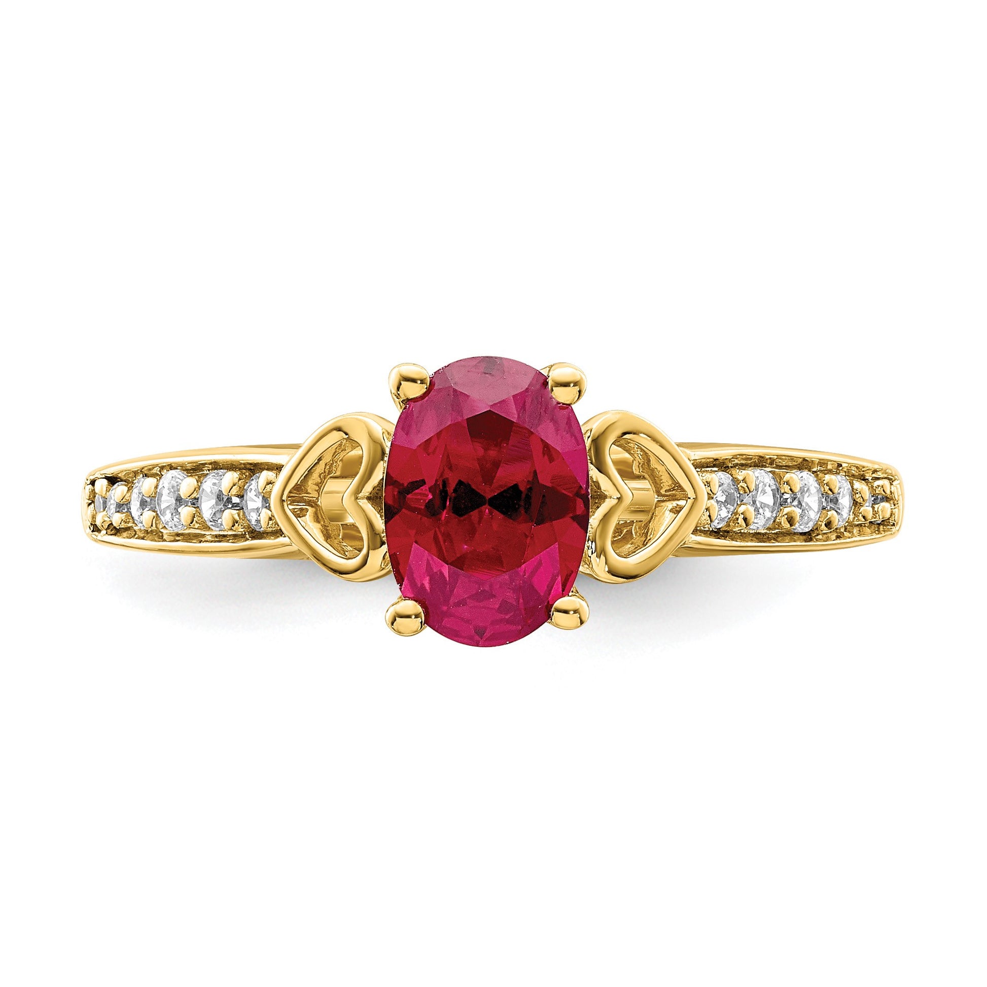 14k Polished Side Hearts 7x5mm Oval Ruby and 1/8 carat Diamond Ring