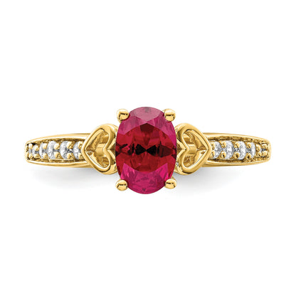 14k Polished Side Hearts 7x5mm Oval Ruby and 1/8 carat Diamond Ring