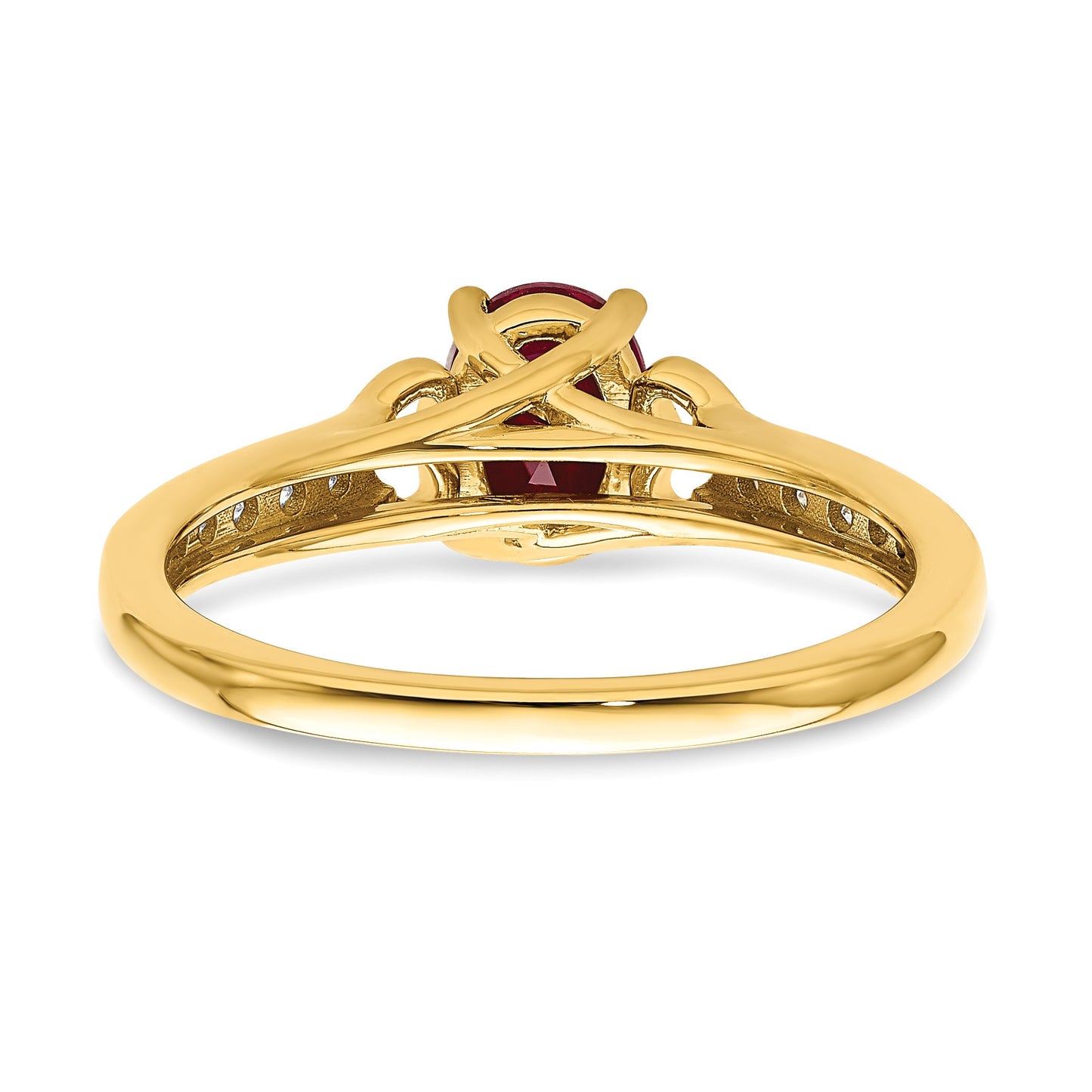 14k Polished Side Hearts 7x5mm Oval Ruby and 1/8 carat Diamond Ring