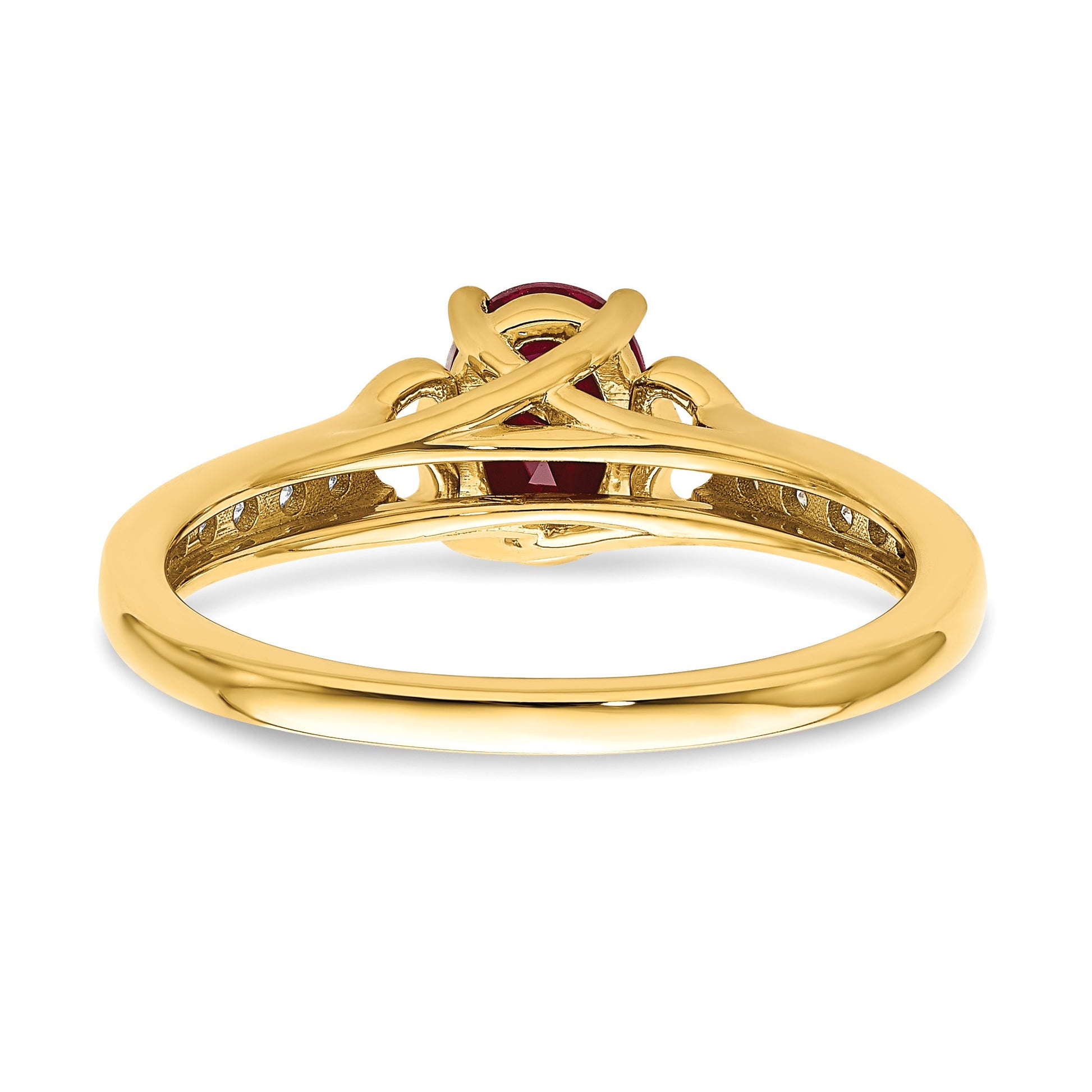 14k Polished Side Hearts 7x5mm Oval Ruby and 1/8 carat Diamond Ring