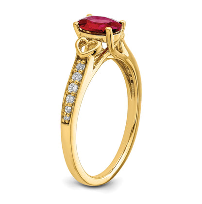 14k Polished Side Hearts 7x5mm Oval Ruby and 1/8 carat Diamond Ring